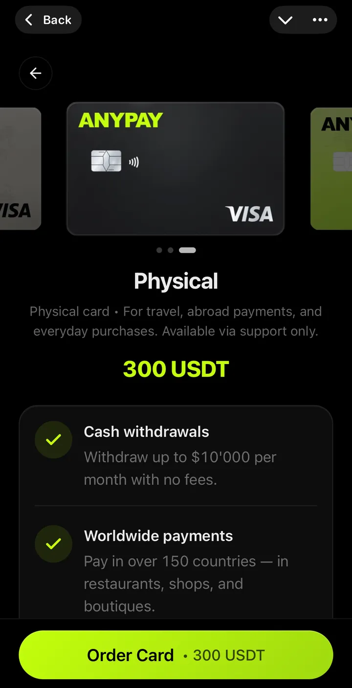 AnyPay Physical screen in the AnyPay app