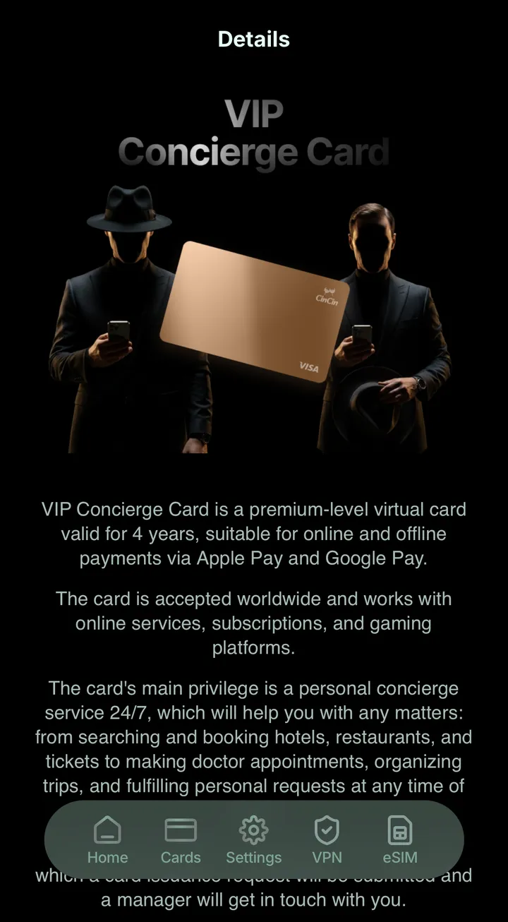 CinCin VIP screen in the CinCin app