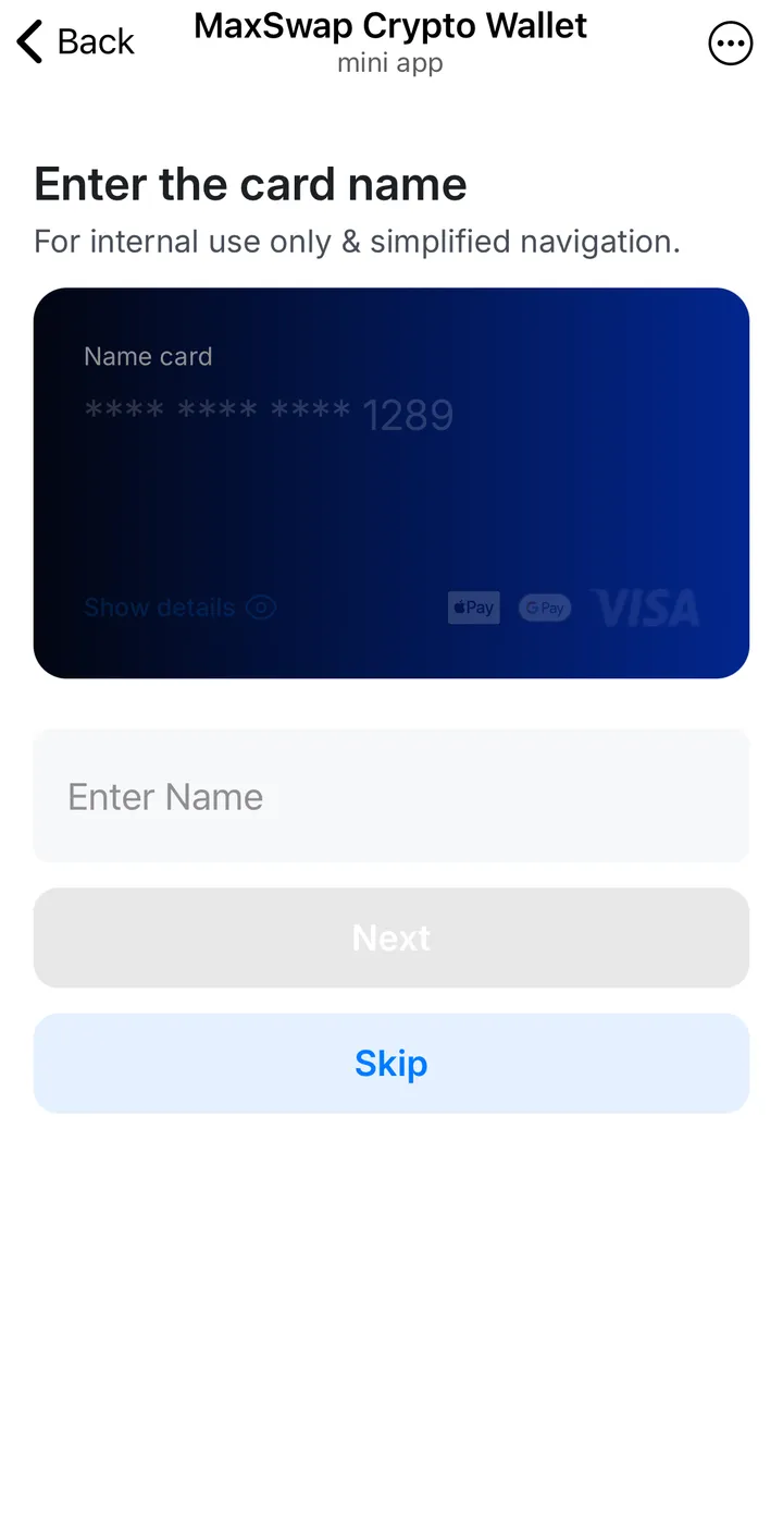 MaxSwap Card Name screen in the MaxSwap app